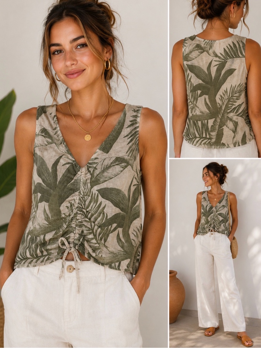 Sleeveless V-Neck Olive Leaf Ruched Tank Top